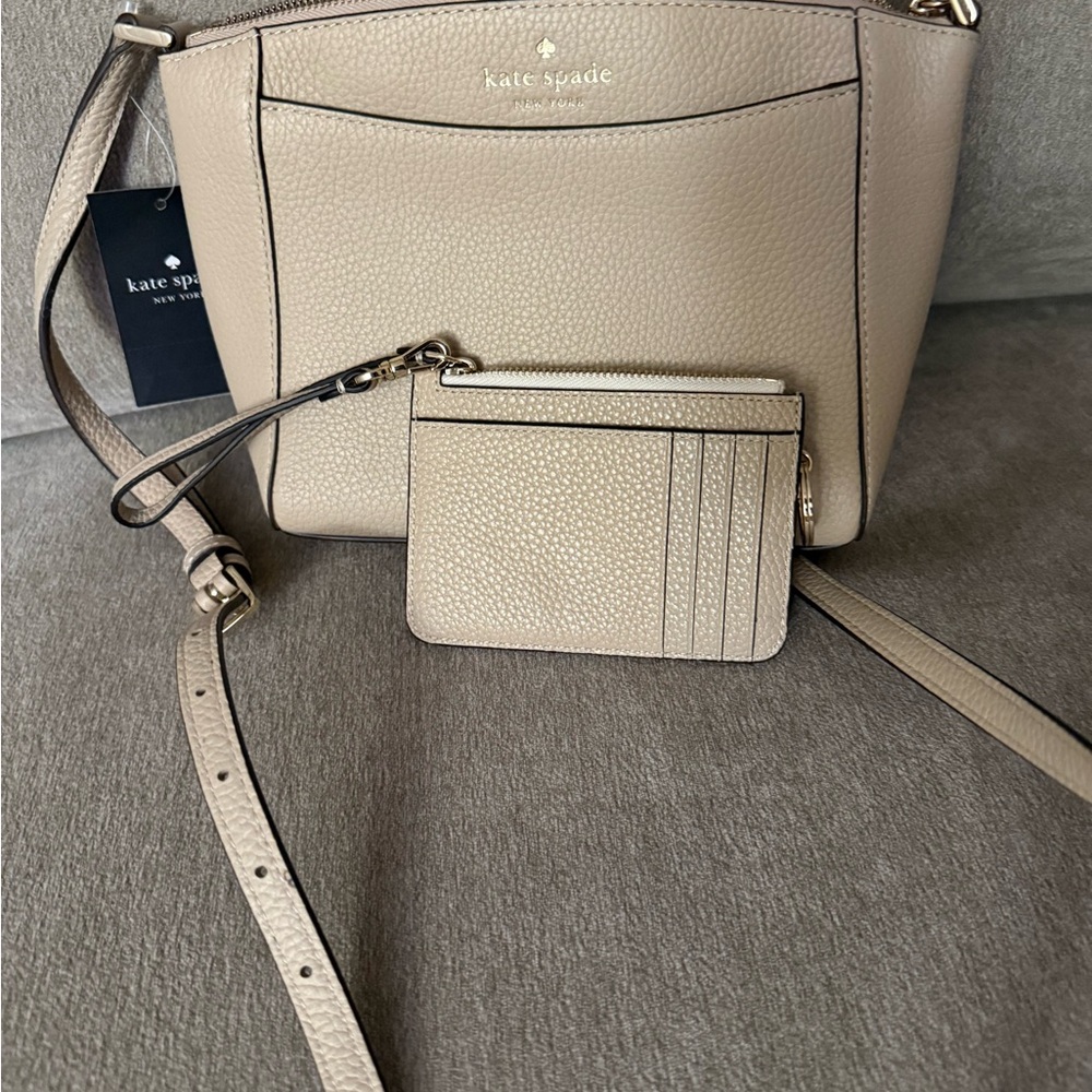 kate spade Pebbled Leather Crossbody Bag in Taupe Beige with Card Case
